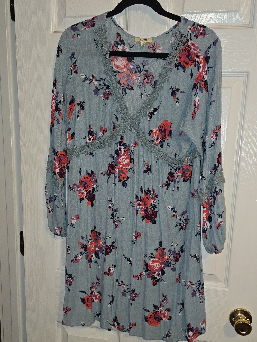 Kori Blue Floral‎ V-Neck Dress with Lace Trim